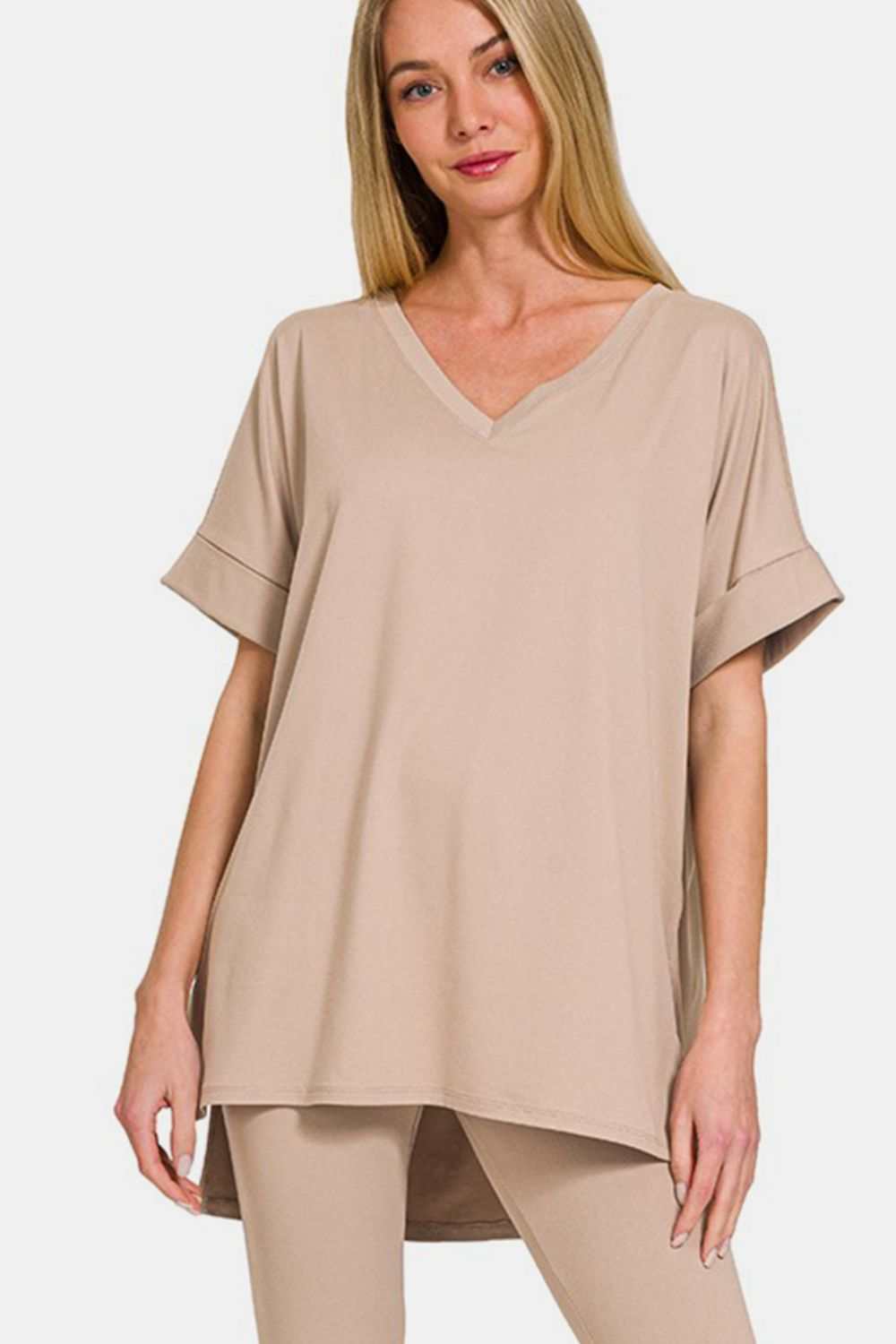 Zenana Full Size V - Neck Rolled Short Sleeve T-Shirt and Leggings Lounge Set - Primrose Signature Boutique